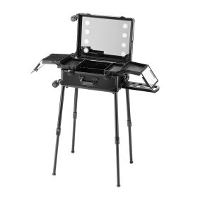 Makeup Train Case with Lock, Lighted Mirror, 4 Storage Trays, Brush Holder, Travel Cosmetic Organizer Box w/ Swivel Wheels