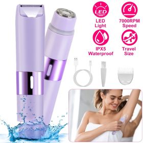 2 In 1 Bikini Trimmer for Women Dual Head Cordless Body Shaver IPX5 Waterproof Rechargeable Pubic Hair Razor Wet And Dry Use for Bikini Underarm Leg A (Color: Purple)