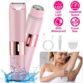 2 In 1 Bikini Trimmer for Women Dual Head Cordless Body Shaver IPX5 Waterproof Rechargeable Pubic Hair Razor Wet And Dry Use for Bikini Underarm Leg A (Color: Pink)